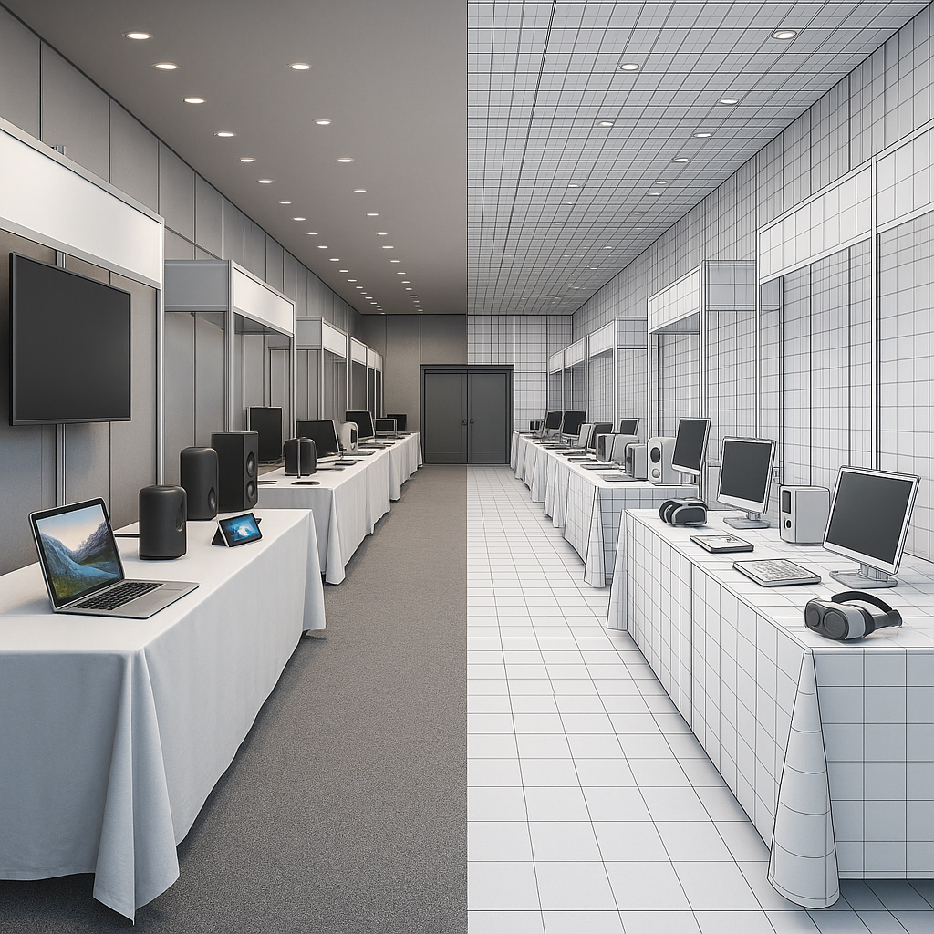 Exhibition hall with tables of tech on the left and a wireframe version on the right. Exhibition hall with tables of tech on the left and a wireframe version on the right.